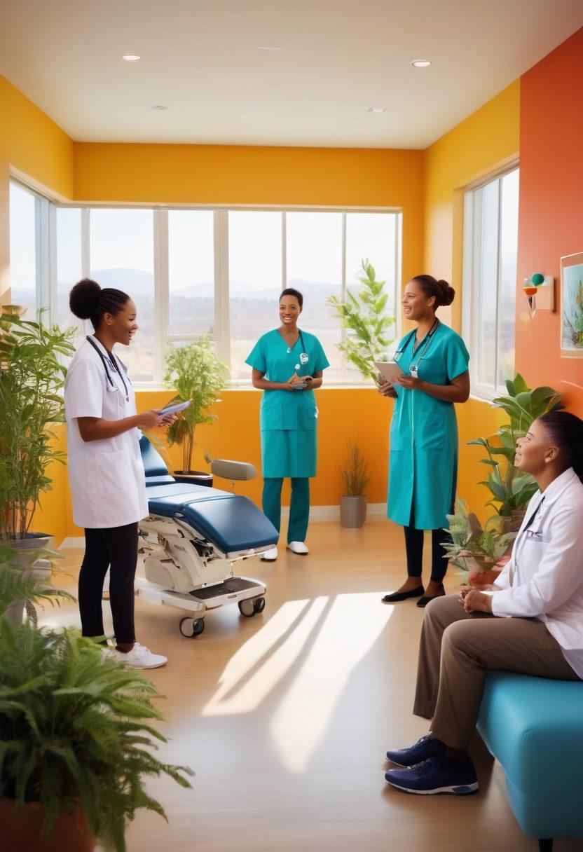 A diverse group of healthcare professionals and patients engaging in innovative therapeutic practices, showcasing a bright, hopeful atmosphere. Include modern medical technology, plants symbolizing healing, and a colorful array of wellness tools. The setting is an inviting and bright clinic filled with natural light, portraying warmth and positivity in healthcare. super-realistic. vibrant colors. bright background.