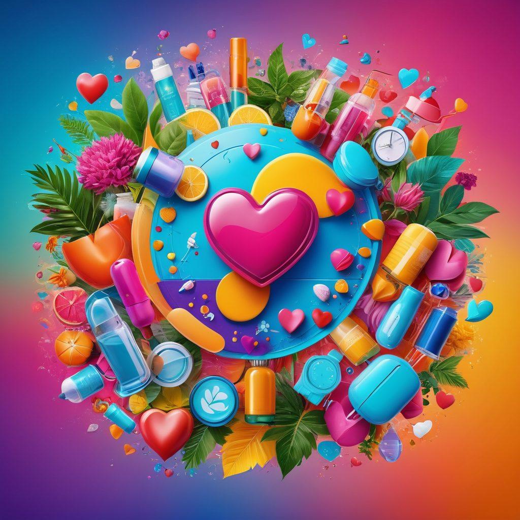 A vibrant and dynamic collage depicting a diverse group of happy people engaging with innovative pharmaceutical products, surrounded by symbols of wellness such as plants, hearts, and tech gadgets. Bright colors should energize the scene, conveying a sense of hope and vitality. The background can feature abstract patterns that represent innovation and health advancements. The image should inspire feelings of joy and thriving life. super-realistic. vibrant colors. abstract background.