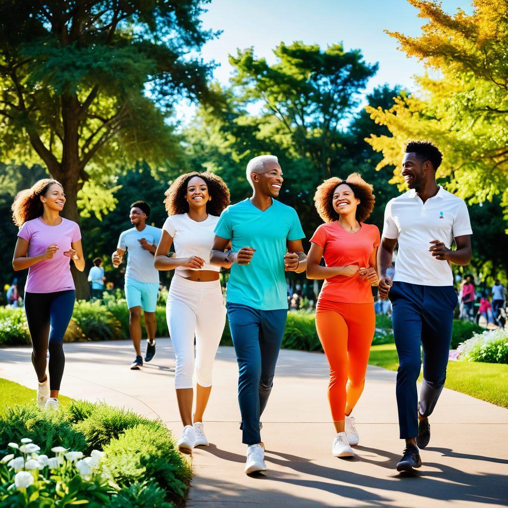 A vibrant scene depicting diverse individuals engaging in joyful activities such as dancing, exercising, and sharing laughter in a sunlit park. Incorporate futuristic medical devices seamlessly integrated into their lives, showcasing innovations like wearable health tech and robotic assistive devices. Highlight a sense of community and well-being with lush greenery and bright flowers surrounding them. The atmosphere exudes happiness and health, symbolizing the positive impact of medical advancements on everyday life. vibrant colors. 3D.